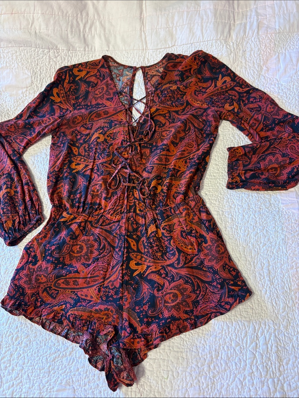 Boho Paisley Lace-Up Women’s One-Piece Romper in Burgundy